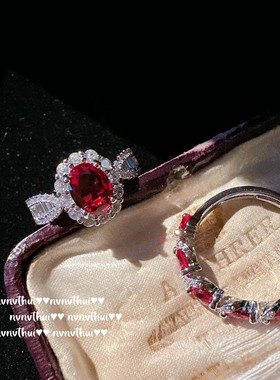 法拉赫复古酒渍玫瑰蛋形宝石戒指 气质名媛胭脂洋红锆石指环叠戴