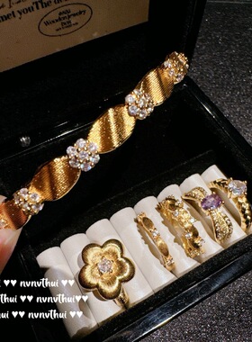 2026镀18K金复古拉丝可调节戒指 气质高级感轻奢简约百搭花朵手镯