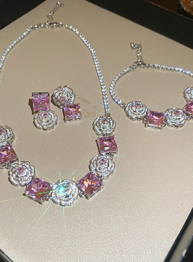 公主粉玫瑰花小方糖锆石手链耳环套装轻奢高级感名媛宴会项链饰品