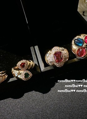复古织纹雕金彩色宝石时尚走秀戒指 镀18K金气质名媛宴会锆石指环