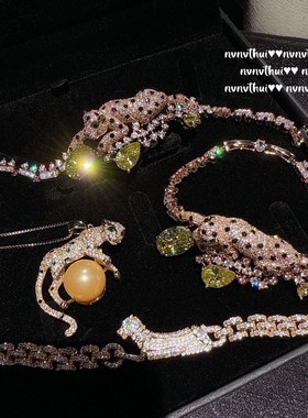 意大利复古猎豹水滴满钻宝石手链 璀璨电镀锆石名媛豹子珍珠项链