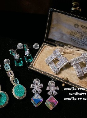 年会镀18K金莫吉托绿方糖锆石耳钉 璀璨复古名媛马卡龙绿宝石耳环