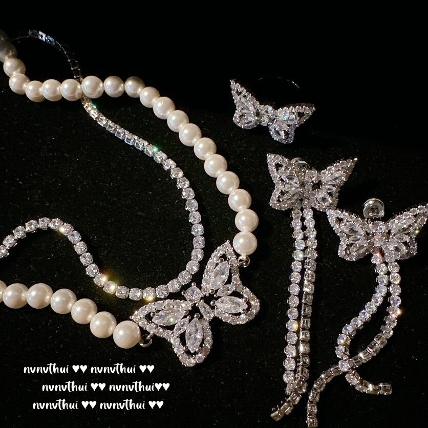 霜花气质蝴蝶宝石珍珠镀金戒指 在逃公主 蝴蝶结超闪锆石流苏耳环