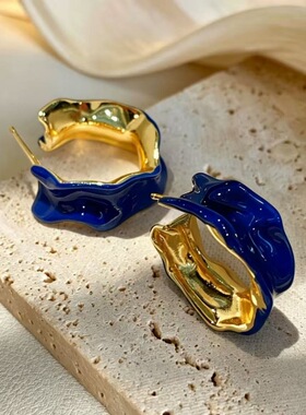 复古个性珐琅釉波浪C形圈耳环 气质金属风不规则百搭异形耳饰耳圈