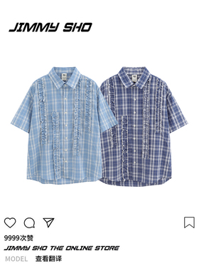 jimmy sho日系复古蕾丝边蓝色格子短袖衬衫男女宽松百搭文艺上衣