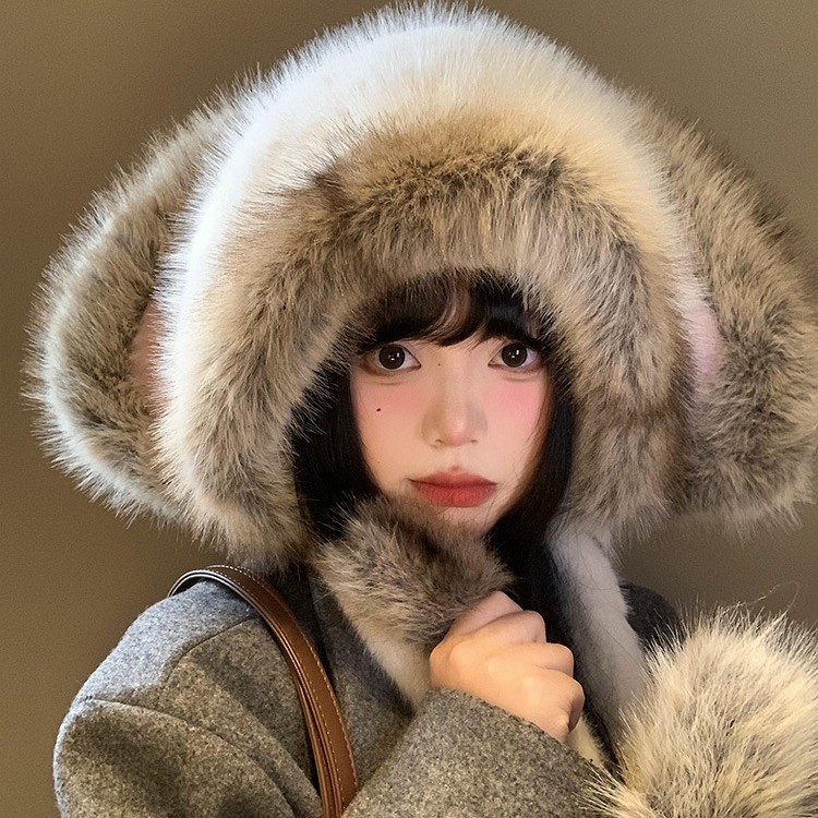 可爱兔子耳朵毛绒帽女秋冬季韩系显脸小保暖加厚防寒护耳雷锋帽子