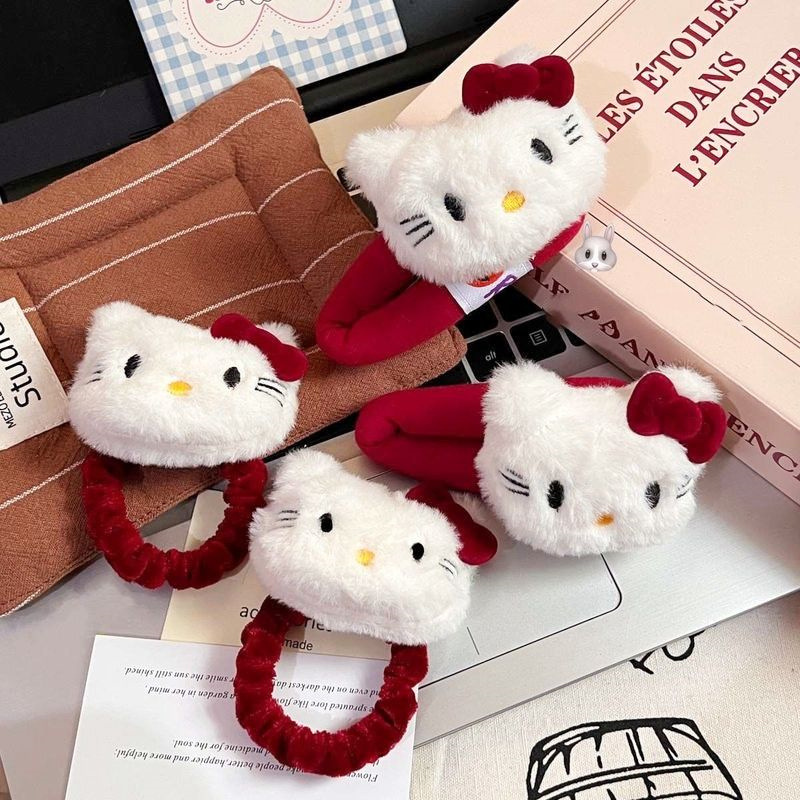 安可拉红色系蝴蝶结发夹可爱毛绒kt猫甜美发圈凯蒂猫立体掰掰夹