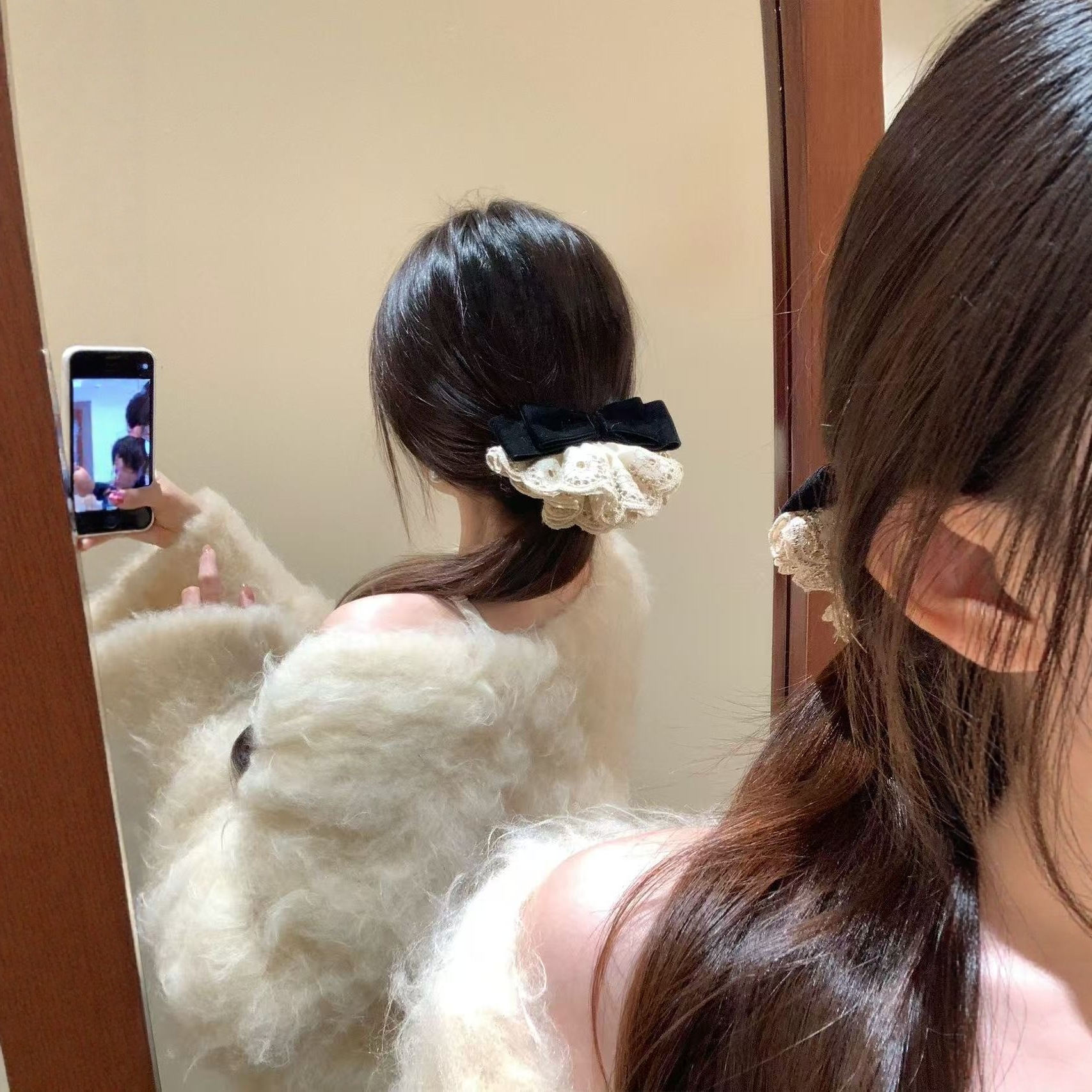 韩版蕾丝裙摆发夹2025新款丝绒蝴蝶结发夹女后脑勺盘发弹簧夹子