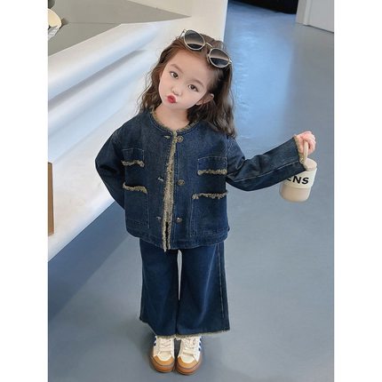 女童套装春秋季新款2024韩版洋气女宝宝复古牛仔外套小香风两件套