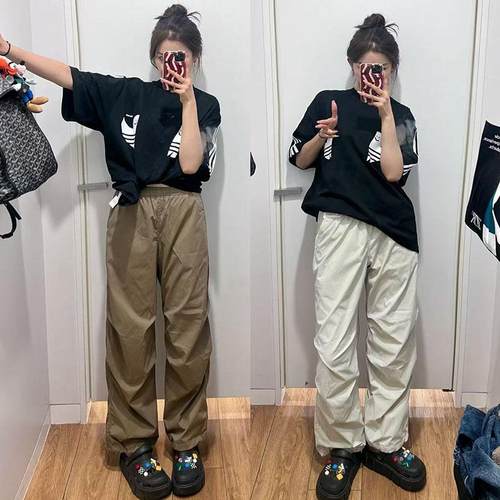 百搭自然腰长裤降落伞裤