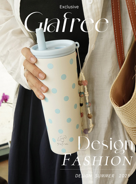 GRAFREE波点保温杯大容量吸管杯女生水杯高颜值杯子男便携咖啡杯