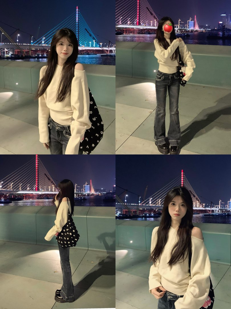 Collage of a woman wearing a cream off-shoulder sweater with dark jeans and a black shoulder bag at night