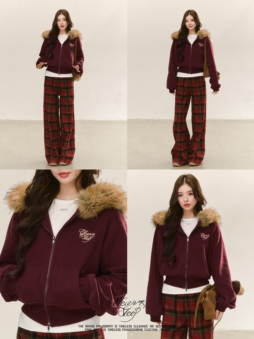 Model wearing a burgundy fur-trim zip hoodie with red plaid wide-leg pants
