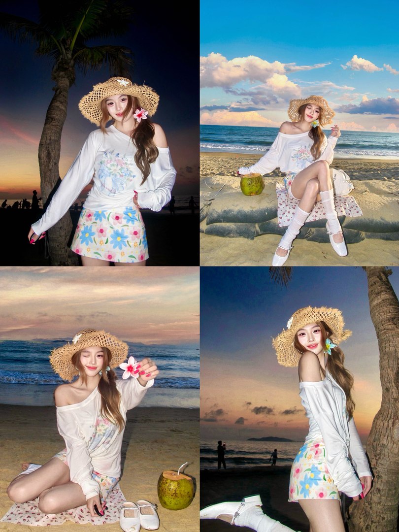 Woman modeling a beachy summer outfit with a straw hat and floral mini skirt on the beach