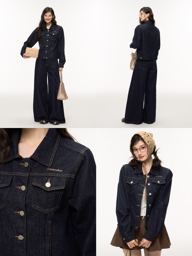 Model wearing a dark denim jacket and wide-leg jeans in a four-view fashion product collage