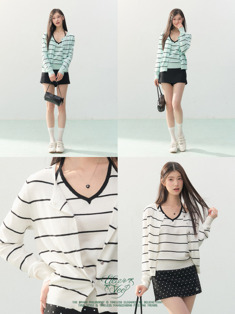 Model wearing a striped cardigan and matching V-neck top with a black mini skirt