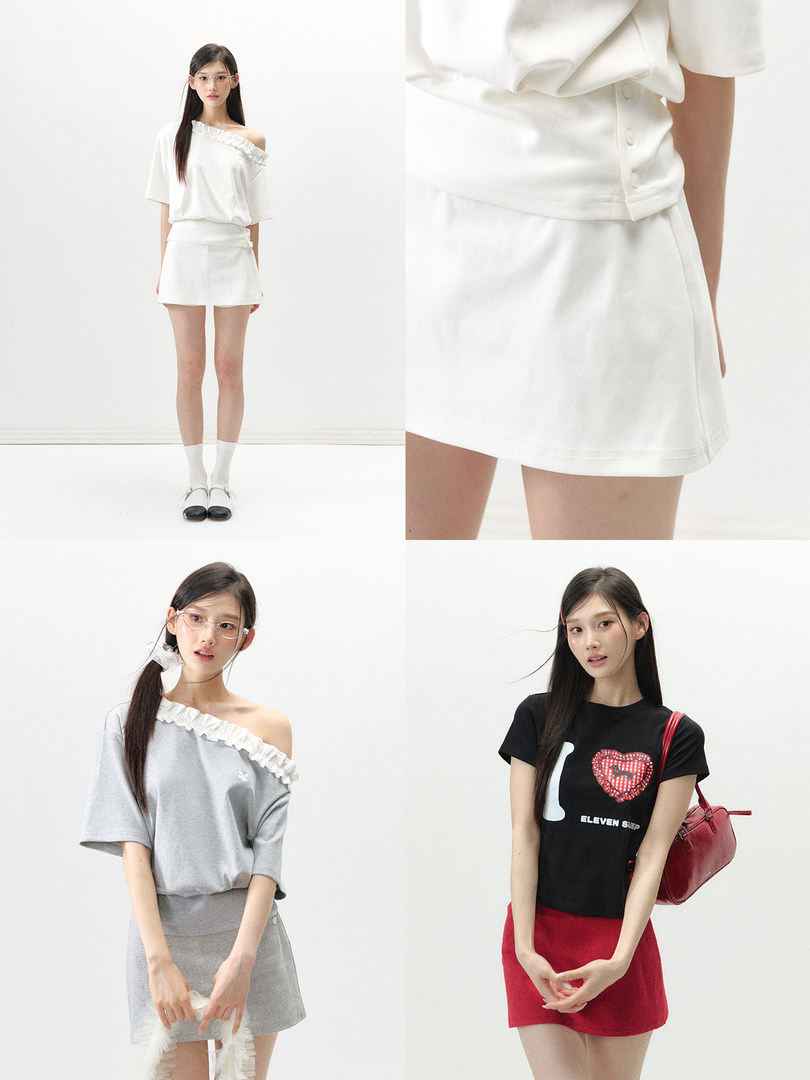 Collage of models wearing off-shoulder tops and mini skirts in white, gray, and black-red colorways