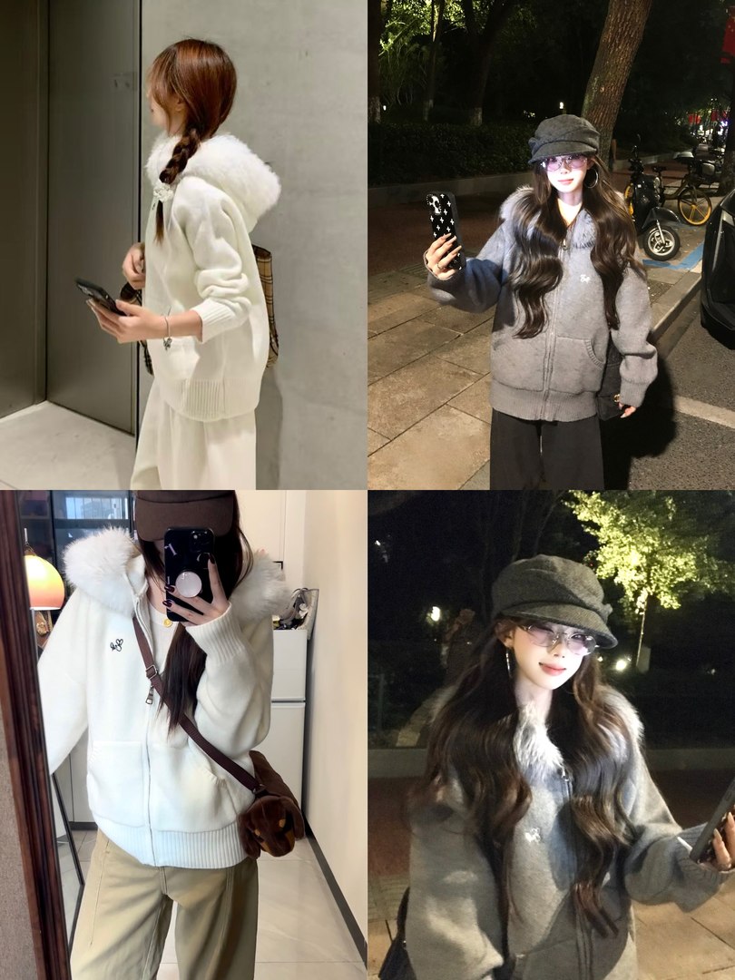 Collage of women wearing winter hooded zip-up sweaters with faux fur trim
