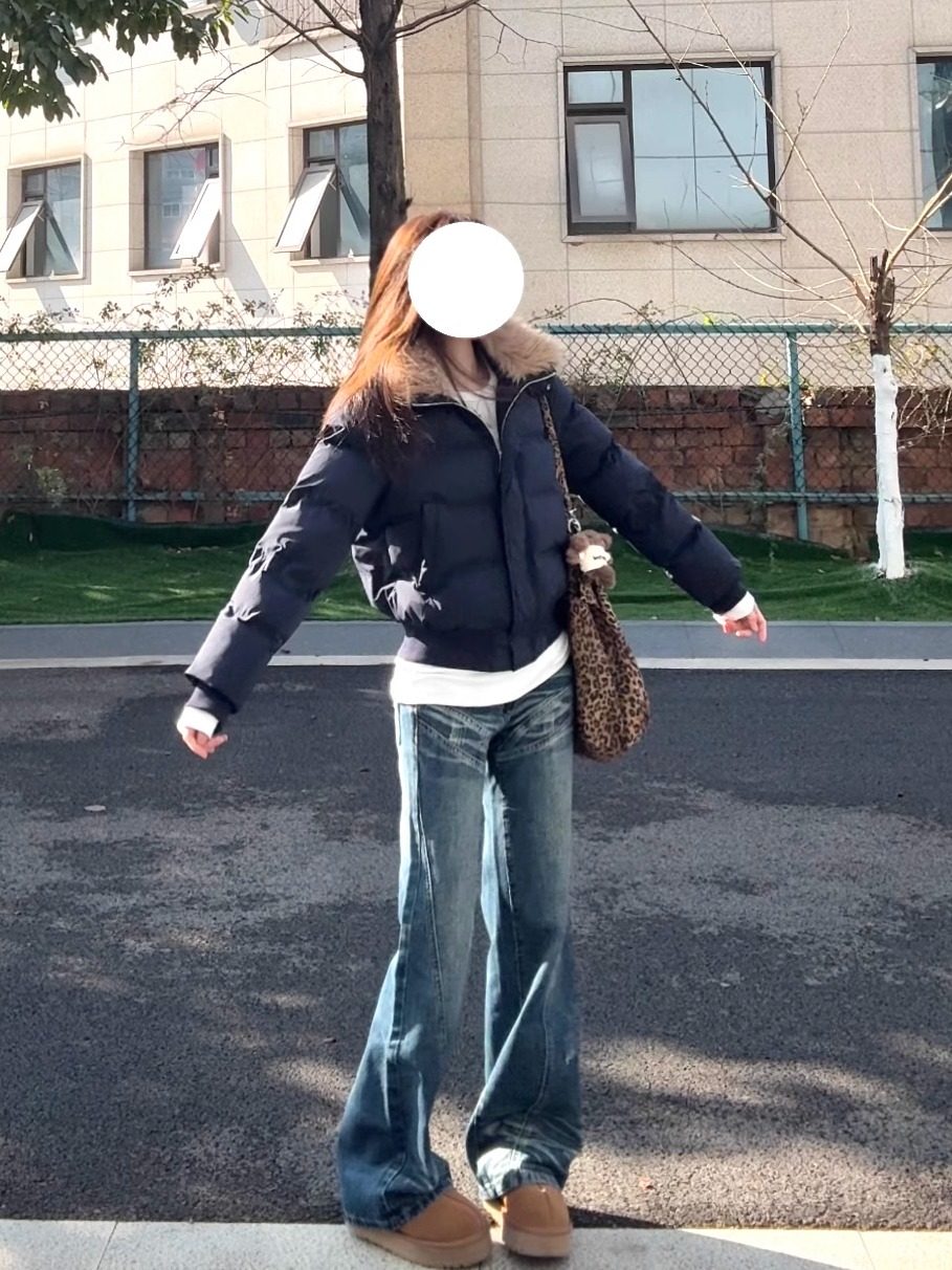 Winter Navy Blue Hooded Fur Collar Cotton Jacket for Women, Stylish, Warm, Thickened, Vintage Coat