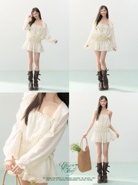 Cream ruffled mini dress worn by a model in a studio collage
