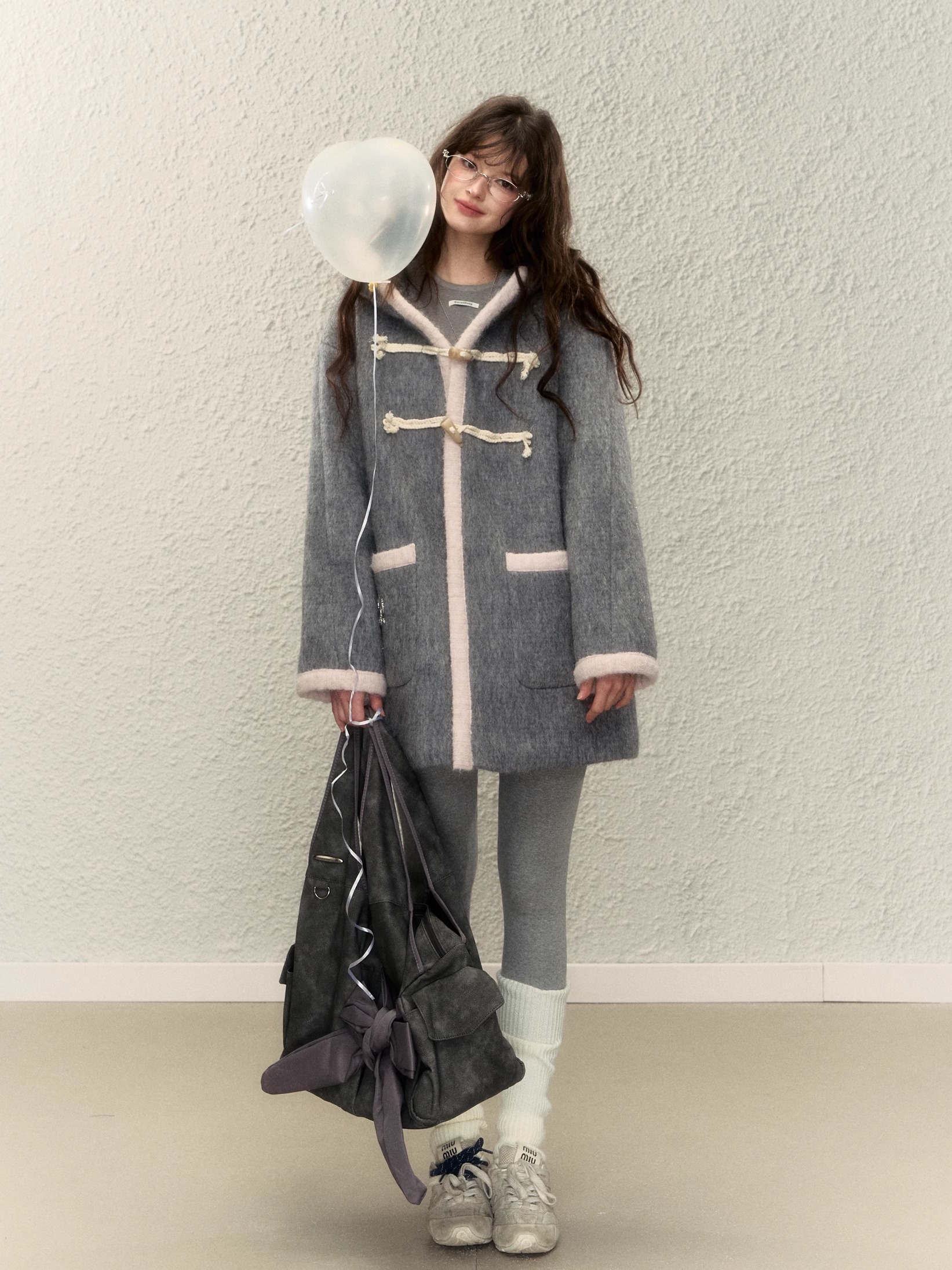 Winter Gray Cape Wool Woolen Outwear Women's Korean Style Simple Warm Horn Button Outwear