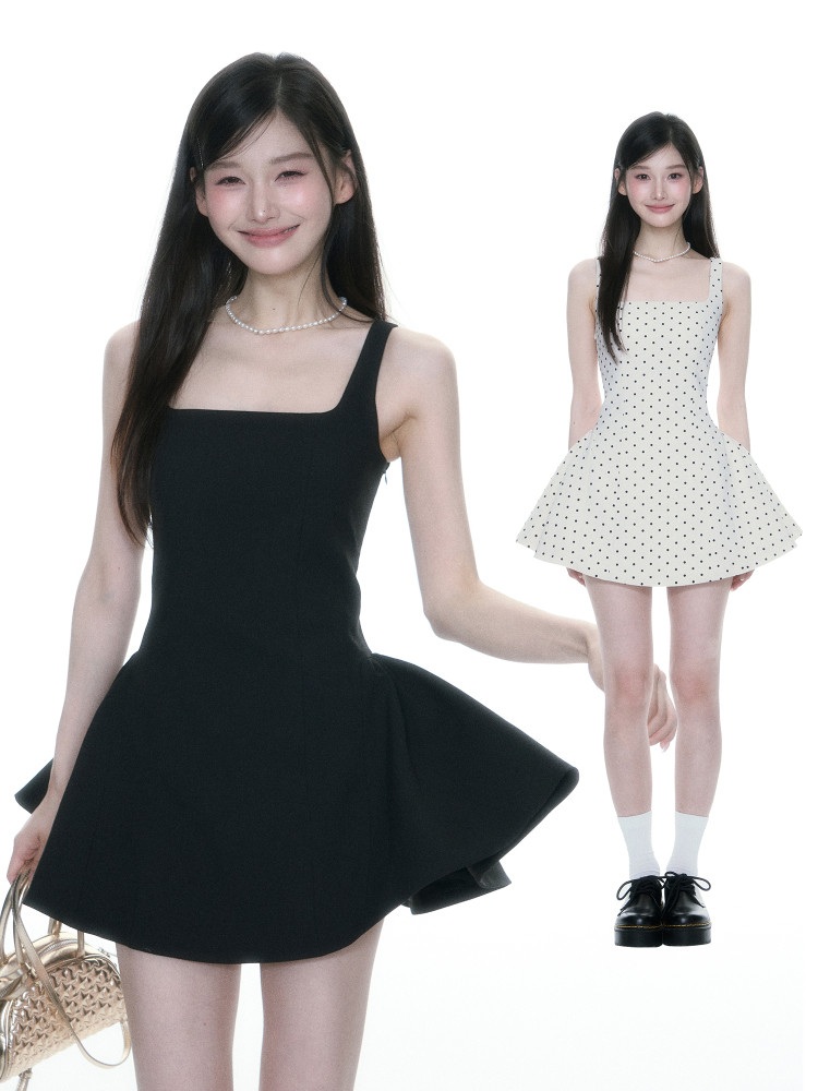Sleeveless flared mini dress shown on a model in black and polka dot styles