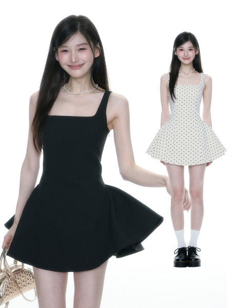 Sleeveless flared mini dress shown on a model in black and polka dot styles