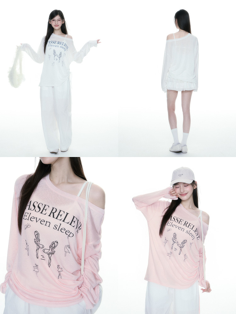 Oversized off-shoulder long-sleeve loungewear top and pants set worn by models in white and pink