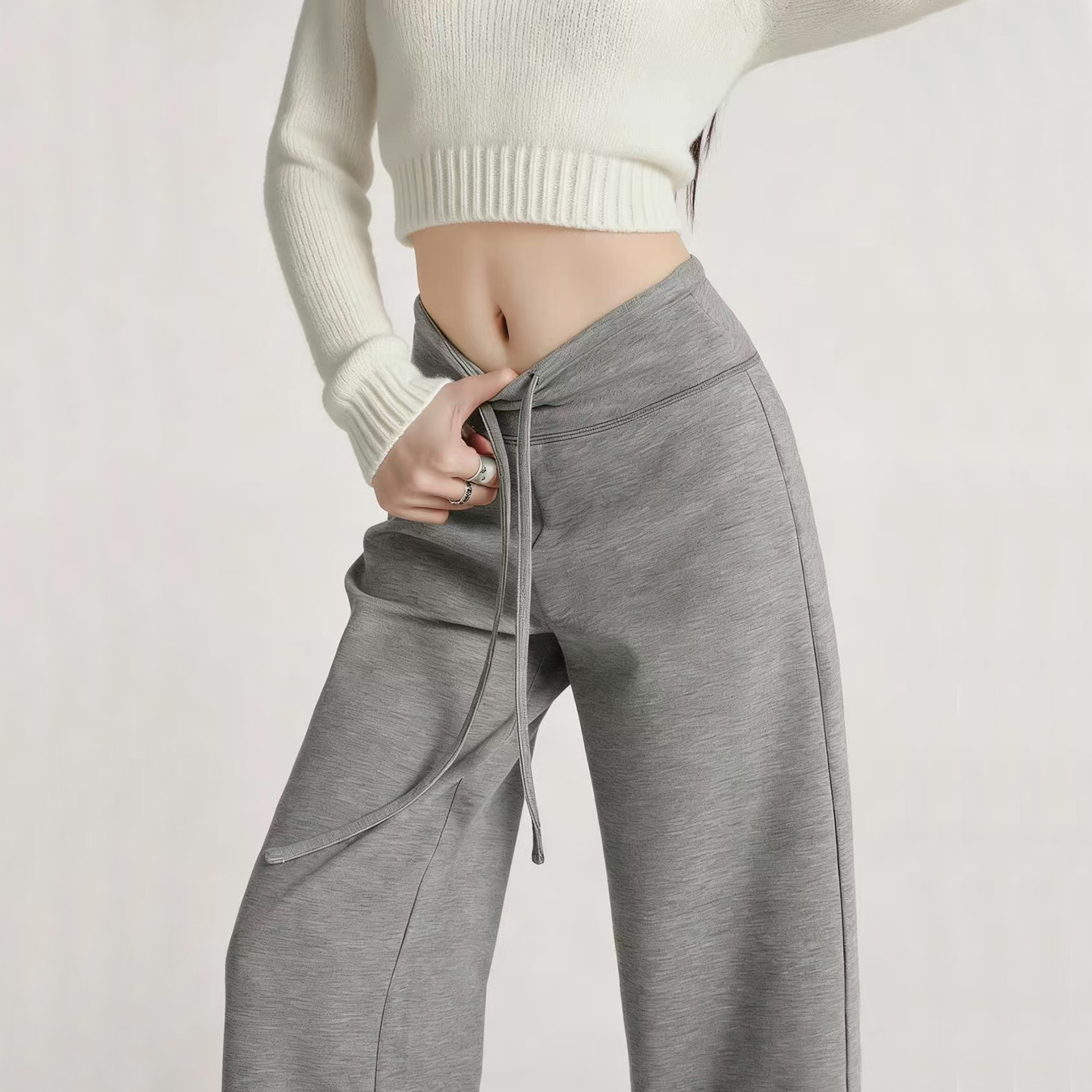 灰色秋冬加绒醋酸羊毛阔腿卫裤