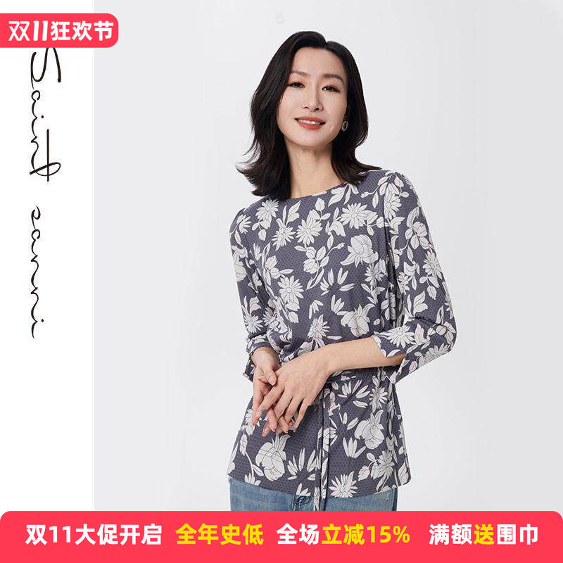 圣轩尼新品腰部抽绳短款套头花色时尚修身百搭圆领女士衬衫NH058