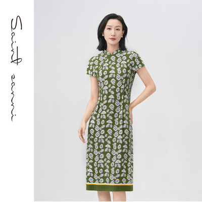 圣轩尼新款修身版型针织立领旗袍款优雅气质短袖女士连衣裙F138