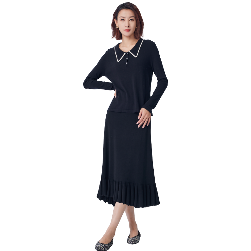 圣轩尼100%纯绵羊毛黑底白边显小气质知性优雅套头针织衫 GT762