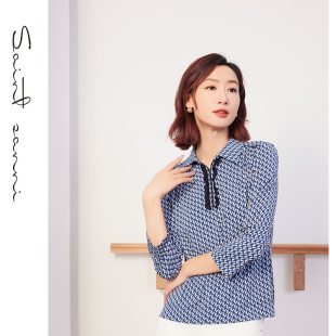 衬衫 圣轩尼春夏新款 女装 八分袖 F100 针织翻领前中拉链加花边修身