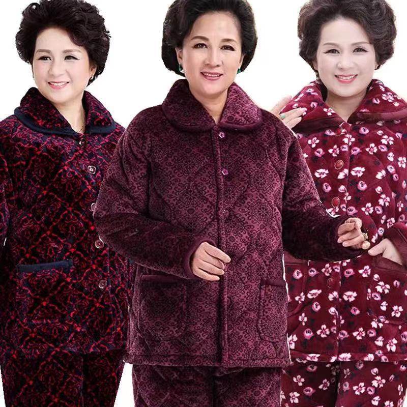 冬季老太太加绒加厚外套婆婆宽松大码睡衣女200斤老人法兰绒夹棉