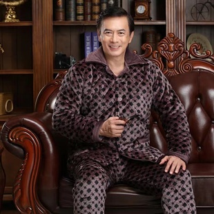 冬季胖爸爸加肥加大码睡衣男珊瑚绒夹棉袄中老年爷爷加厚棉衣棉裤