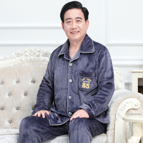 爷爷加厚法兰绒男装保暖长袖睡衣