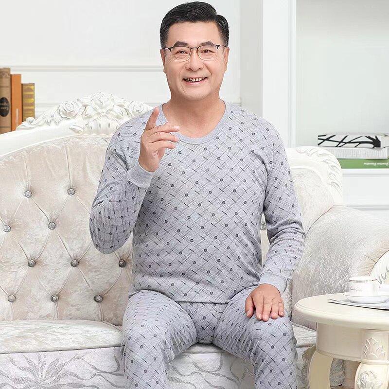 爷爷内穿睡衣秋衣秋裤套装老人保暖内衣男款加肥大码爸爸纯棉毛衫