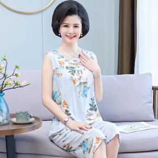 短裤 大码 套装 居家睡衣女士老人夏季 衣服 纯棉绸老太太薄款 奶奶无袖
