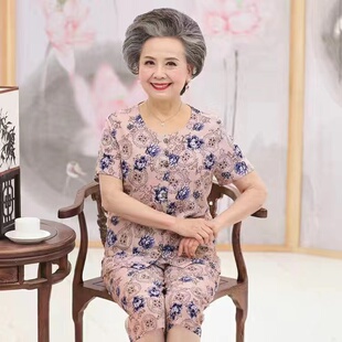 老太太薄款 奶奶装 短袖 纯棉绸老人开身睡衣女式 宽松家居服 短裤 夏季