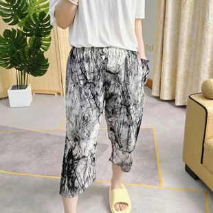 女夏老人中裤 200斤纯棉绸老太太空调睡裤 加肥大码 奶奶印花七分裤