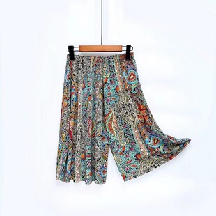 七分冰丝中老年休闲裤 妈妈阔腿裤 子 裙女夏加肥加大码 奶奶五分短裤