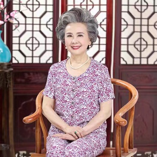 短裤 短袖 老人T恤睡衣女奶奶纯棉绸家居服 老太太透气吸汗薄款 夏季