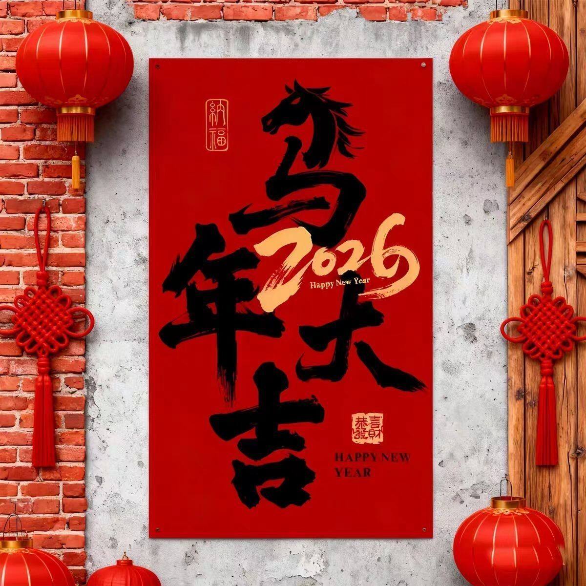 新年装饰马年挂布拍照打卡马年大吉暴富背景条幅喜庆氛围红色布