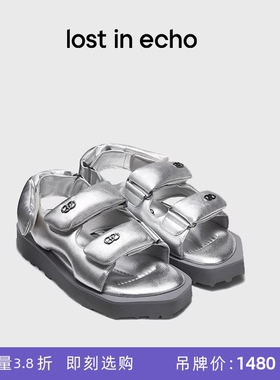 [断码]lost in echo休闲厚底增高外穿舒适银色切面底双条带凉鞋