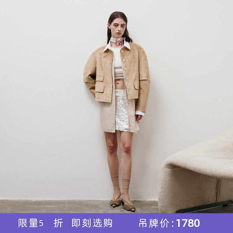 [断码]lost in echo扣袢弧形高级仿麂皮绒复古短款外套（微瑕）