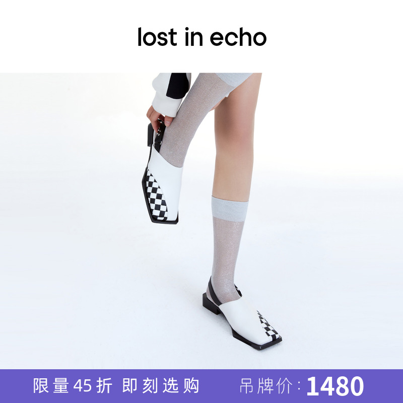 lost in echo 设计师款方头可调节凉鞋编制棋盘格凉拖时尚女鞋 女鞋 时装凉鞋 原图主图