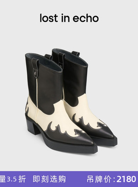 去门店lost in echo秋冬新款尖头麂皮宽筒黑色厚底高跟西部短靴