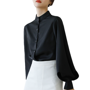 灯笼袖立领叠穿白衬衣女加厚内搭加绒秋冬磨毛法式长袖衬衫职业装