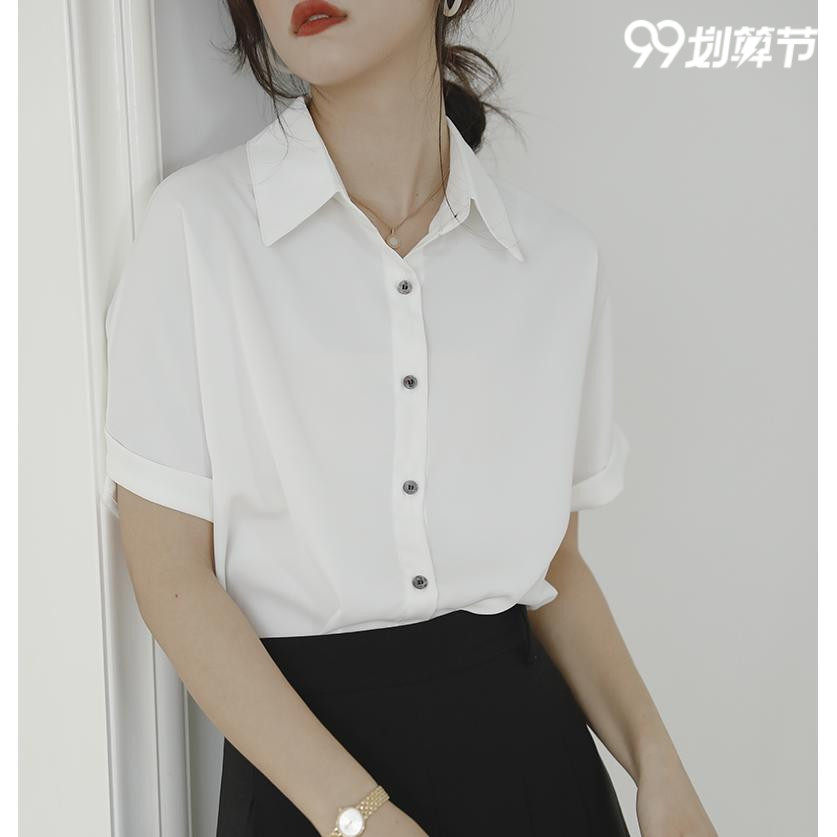 白色衬衫女夏短袖设计感小众港风雪纺上衣职业装港风法式气质衬衣