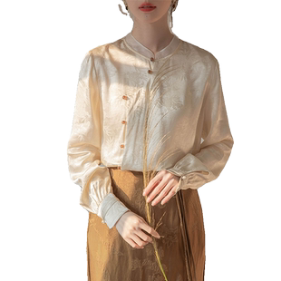 新中式国风上衣女高级感长袖衬衫2025春秋抗皱立领提花小个子小衫